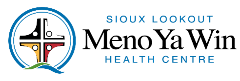 Logo of Sioux Lookout Health Centre featuring a circular design with four quadrants in black, white, red, and yellow, each containing a small white circle, symbolizing unity and inclusivity. The text 'Sioux Lookout Health Centre' is written to the right of the symbol in blue font